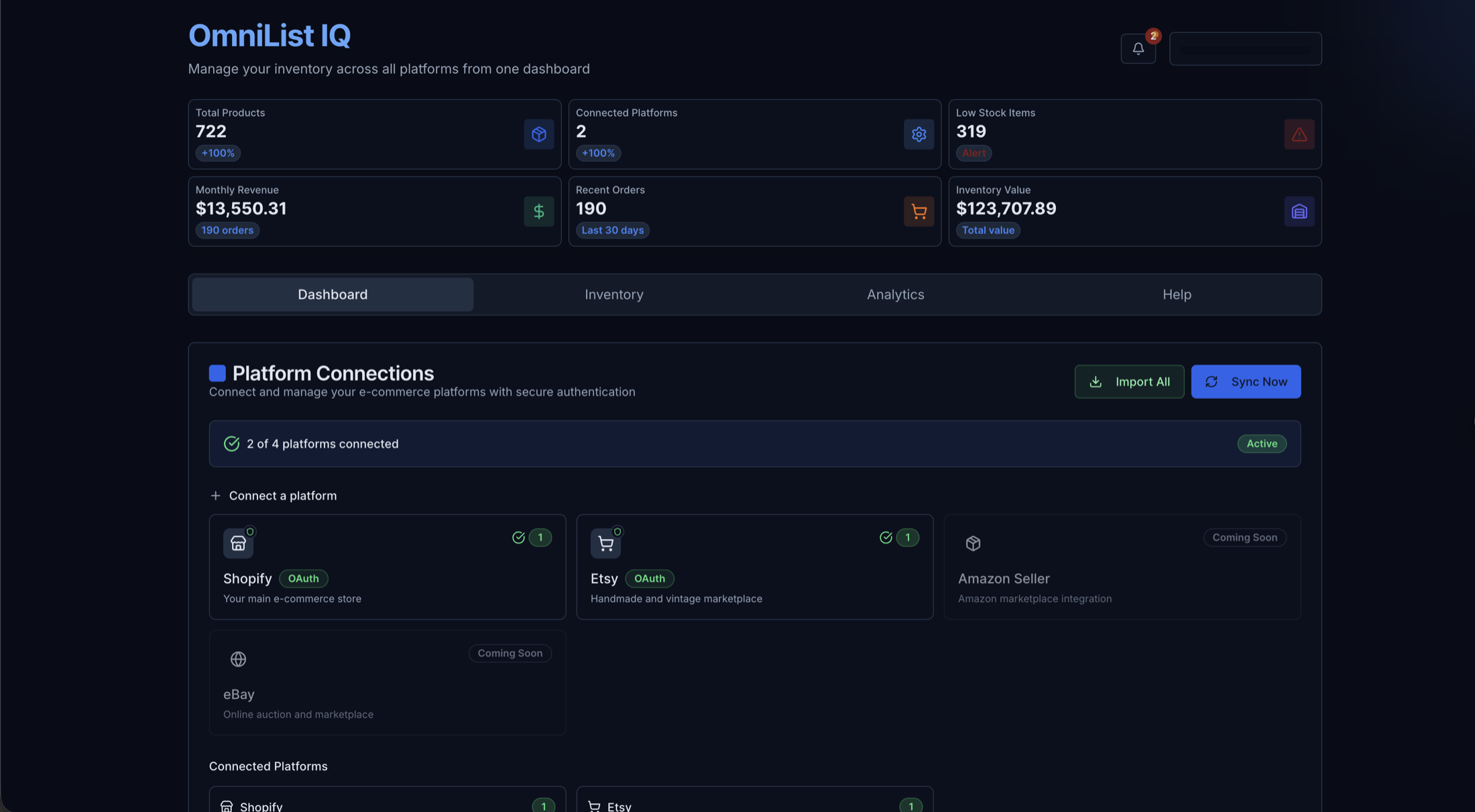 OmniListIQ dashboard showing unified inventory across Shopify, Etsy, Amazon, and Square